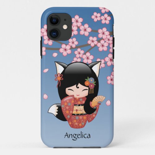 Kitsune Kokeshi Doll _ Black Fox Geisha Girl iPhone 11 Case