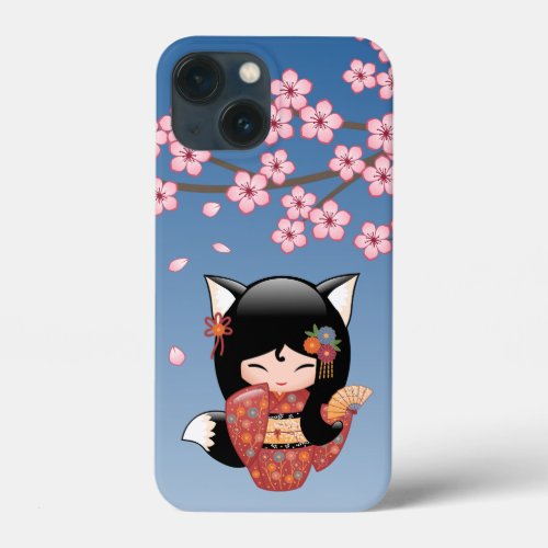 Kitsune Kokeshi Doll _ Black Fox Geisha Girl iPhone 13 Mini Case