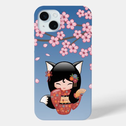 Kitsune Kokeshi Doll _ Black Fox Geisha Girl iPhone 15 Plus Case