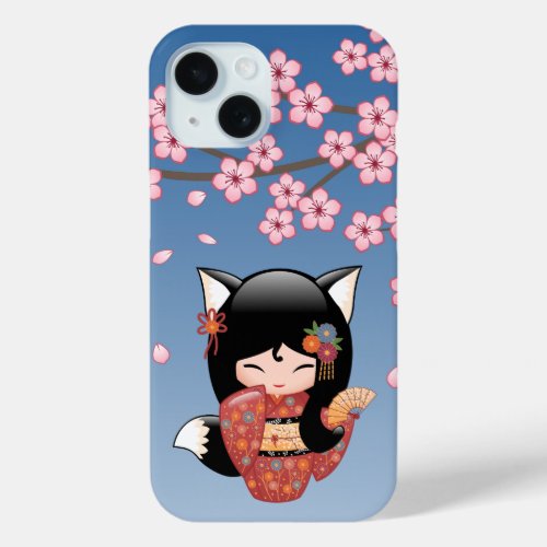 Kitsune Kokeshi Doll _ Black Fox Geisha Girl iPhone 15 Case