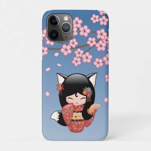 Kitsune Kokeshi Doll _ Black Fox Geisha Girl iPhone 11 Pro Case