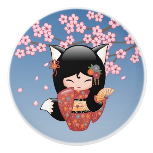 Kitsune Kokeshi Doll _ Black Fox Geisha Girl Ceramic Knob