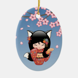 Kitsune Kokeshi Doll - Black Fox Geisha Girl Ceramic Ornament