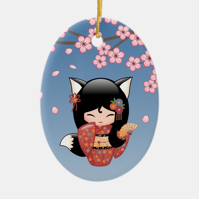 Kitsune Kokeshi Doll - Black Fox Geisha Girl Ceramic Ornament (Front)