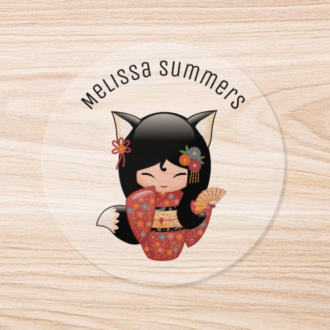 Kitsune Kokeshi Doll Black Fox Geisha Girl Classic Round Sticker (Single)