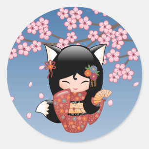 Kitsune Kokeshi Doll - Black Fox Geisha Girl Classic Round Sticker