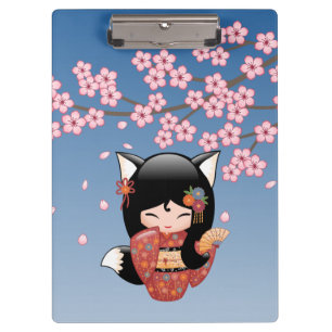 Kitsune Kokeshi Doll - Black Fox Geisha Girl Clipboard