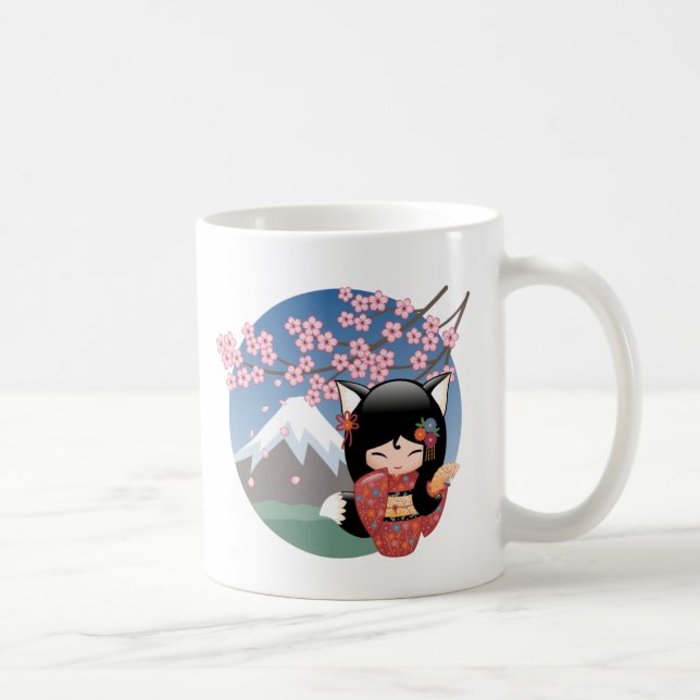Kitsune Kokeshi Doll - Black Fox Geisha Girl Coffe Coffee Mug (Right)