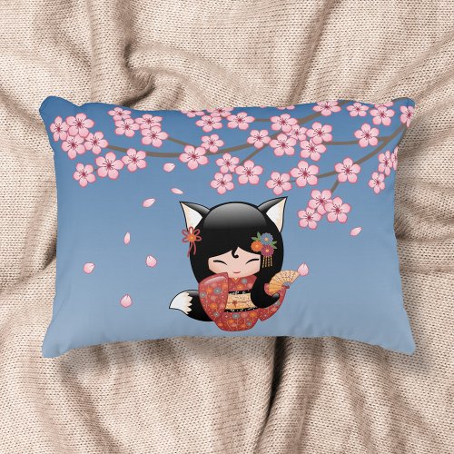 Kitsune Kokeshi Doll _ Black Fox Geisha Girl Decorative Pillow
