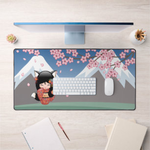 Kitsune Kokeshi Doll - Black Fox Geisha Girl Desk Mat