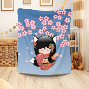 Kitsune Kokeshi Doll - Black Fox Geisha Girl Fleece Blanket