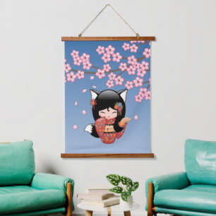 Kitsune Kokeshi Doll - Black Fox Geisha Girl Hanging Tapestry