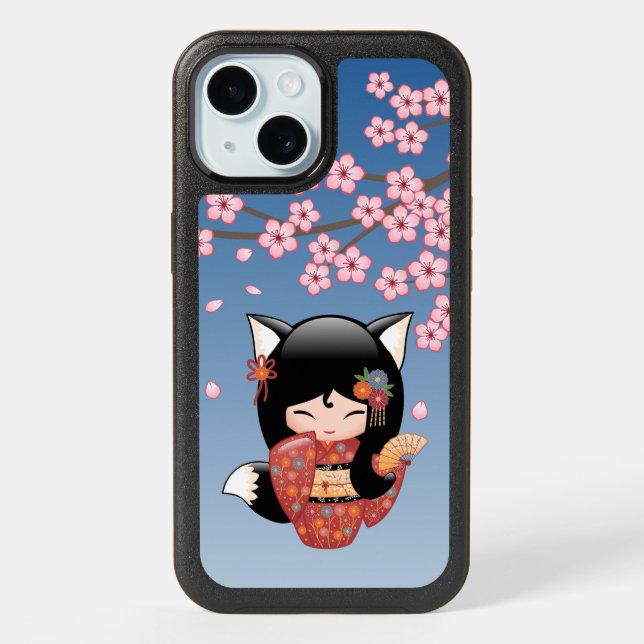 Kitsune Kokeshi Doll - Black Fox Geisha Girl iPhone 15 Case (Back)