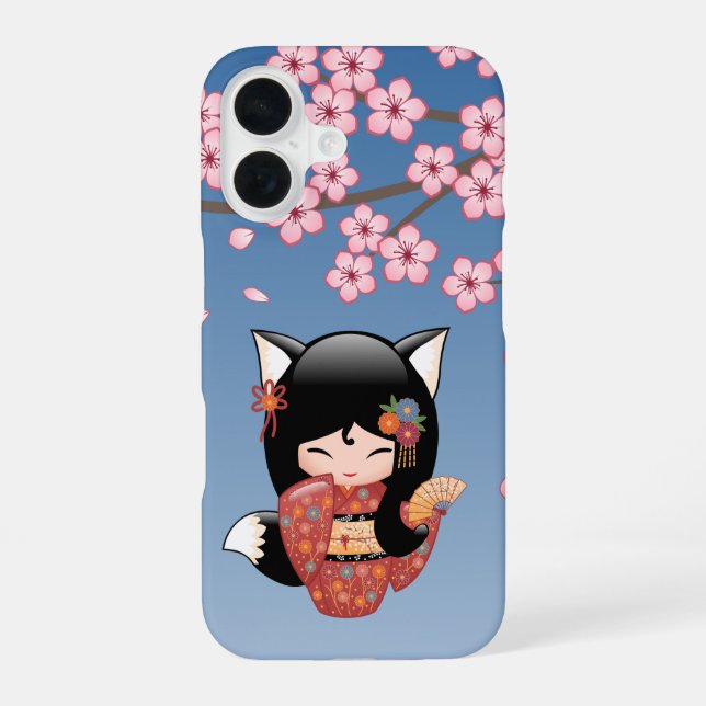 Kitsune Kokeshi Doll - Black Fox Geisha Girl iPhone Case (Back)