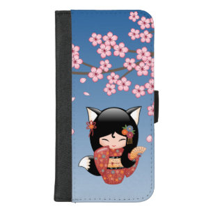 Kitsune Kokeshi Doll - Black Fox Geisha Girl iPhone 8/7 Plus Wallet Case