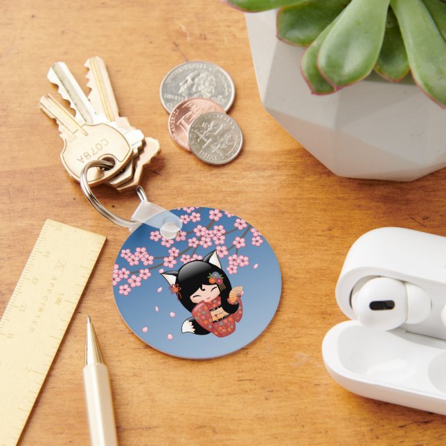 Kitsune Kokeshi Doll - Black Fox Geisha Girl Keychain (Desk)
