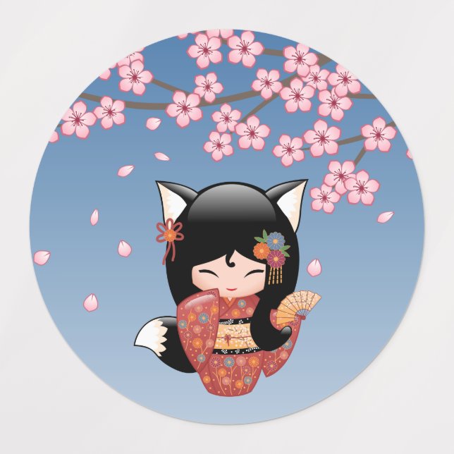 Kitsune Kokeshi Doll - Black Fox Geisha Girl Kids' Labels (Design 1)