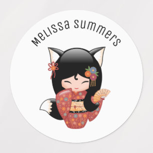 Kitsune Kokeshi Doll - Black Fox Geisha Girl Kids' Labels