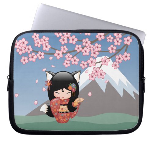 Kitsune Kokeshi Doll _ Black Fox Geisha Girl Laptop Sleeve