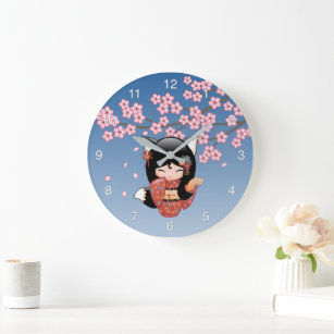 Kitsune Kokeshi Doll - Black Fox Geisha Girl Large Clock