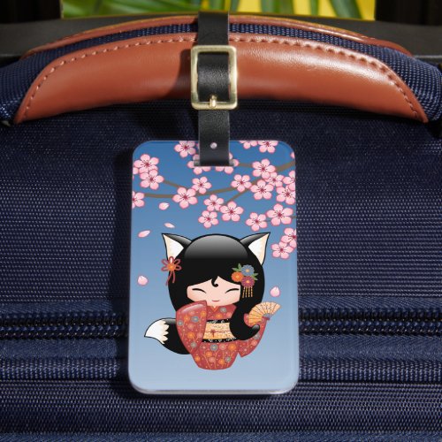 Kitsune Kokeshi Doll _ Black Fox Geisha Girl Luggage Tag