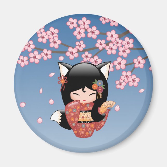 Kitsune Kokeshi Doll - Black Fox Geisha Girl Magnet (Front)