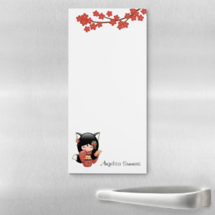 Kitsune Kokeshi Doll - Black Fox Geisha Girl Magnetic Notepad