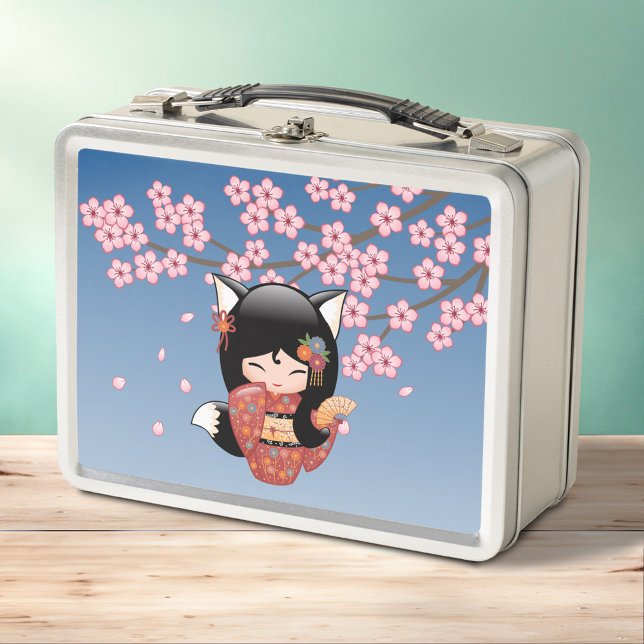 Kitsune Kokeshi Doll - Black Fox Geisha Girl Metal Lunch Box (Creator Uploaded)