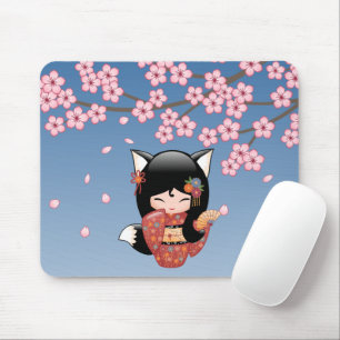 Kitsune Kokeshi Doll - Black Fox Geisha Girl Mouse Pad