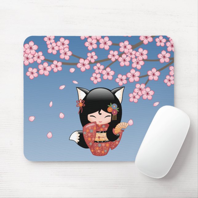 Kitsune Kokeshi Doll - Black Fox Geisha Girl Mouse Pad (With Mouse)