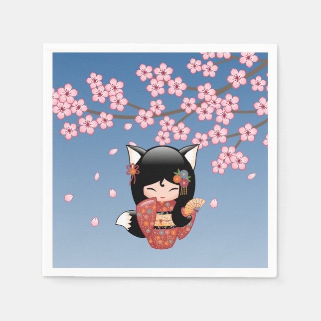 Kitsune Kokeshi Doll - Black Fox Geisha Girl Napkins (Front)