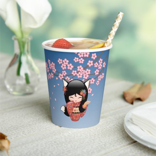 Kitsune Kokeshi Doll _ Black Fox Geisha Girl Paper Cups