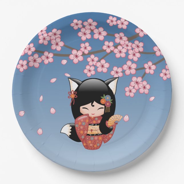 Kitsune Kokeshi Doll - Black Fox Geisha Girl Paper Plates (Front)