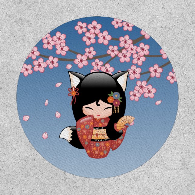 Kitsune Kokeshi Doll - Black Fox Geisha Girl Patch (Front)