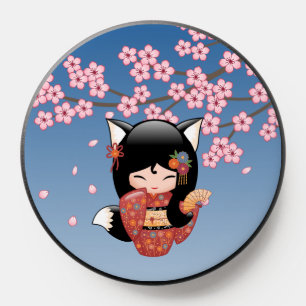 Kitsune Kokeshi Doll - Black Fox Geisha Girl PopSocket