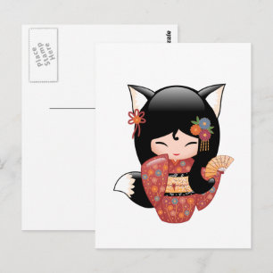 Kitsune Kokeshi Doll - Black Fox Geisha Girl Postcard