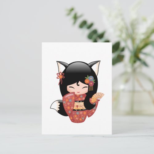 Kitsune Kokeshi Doll _ Black Fox Geisha Girl Postcard