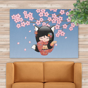 Kitsune Kokeshi Doll - Black Fox Geisha Girl Rug