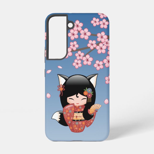 Kitsune Kokeshi Doll - Black Fox Geisha Girl Samsung Galaxy Case (Back)