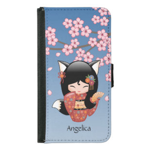 Kitsune Kokeshi Doll - Black Fox Geisha Girl Samsung Galaxy S5 Wallet Case