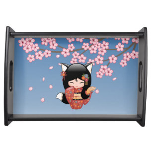 Kitsune Kokeshi Doll - Black Fox Geisha Girl Serving Tray