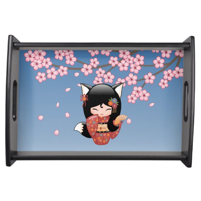 Kitsune Kokeshi Doll - Black Fox Geisha Girl Serving Tray (Front)