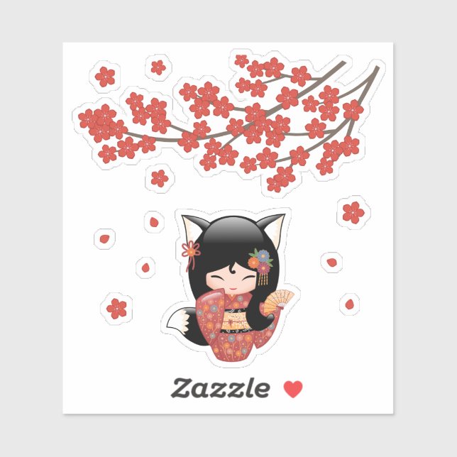 Kitsune Kokeshi Doll - Black Fox Geisha Girl Sticker (Sheet)