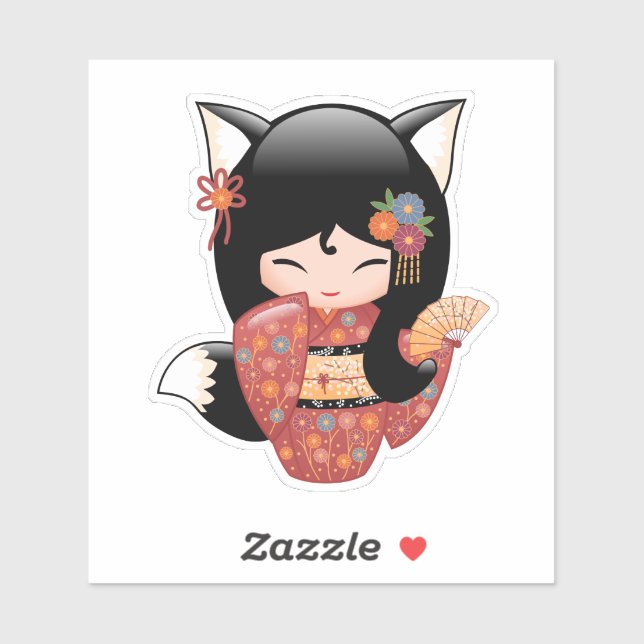 Kitsune Kokeshi Doll - Black Fox Geisha Girl Sticker (Sheet)