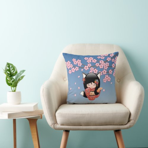 Kitsune Kokeshi Doll _ Black Fox Geisha Girl Throw Pillow