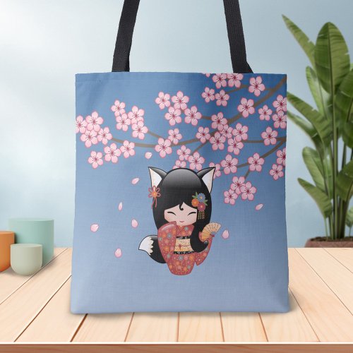 Kitsune Kokeshi Doll _ Black Fox Geisha Girl Tote Bag