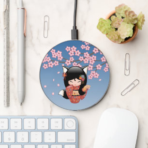 Kitsune Kokeshi Doll - Black Fox Geisha Girl Wireless Charger