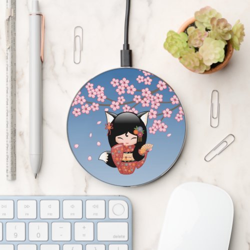 Kitsune Kokeshi Doll _ Black Fox Geisha Girl Wireless Charger