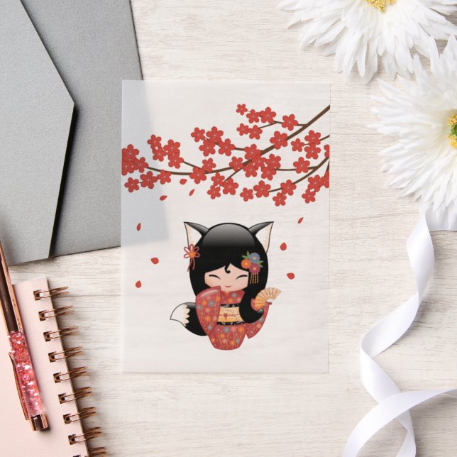 Kitsune Kokeshi Doll Black Fox Geisha Red Insert Vellum Invitations (Wedding)