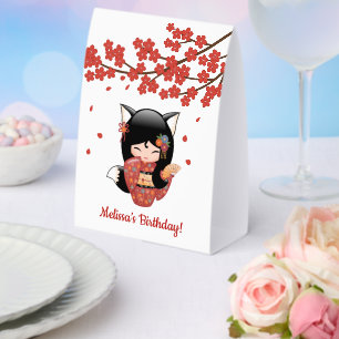 Kitsune Kokeshi Doll Black Fox Geisha Red Paper Table Tent